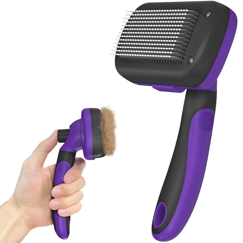 Dipoo Self Cleaning Cat & Dog Grooming Brush - Skin Friendly Deshedding Hair Brush for Haired Dogs & Puppies, Purple - Image 1